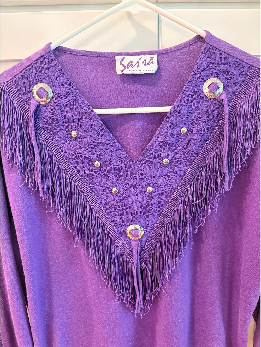 Vintage Sasza Purple Long Sleeve Blouse with Lace and Fringe Detail - Picture 4 of 10